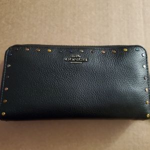 Dark Blue Genuine Leather Coach Studded Wallet